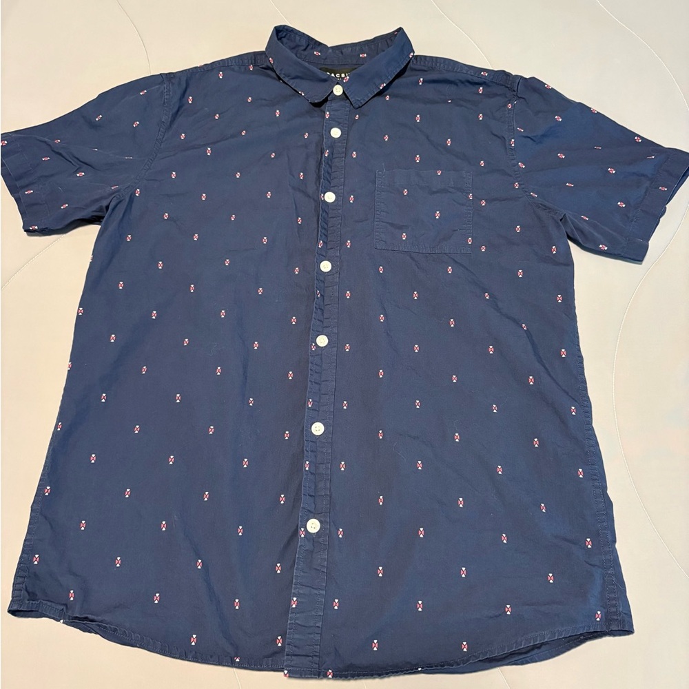 PacSun XL Navy Short-Sleeve Button-Down Shirt with red Micro Print